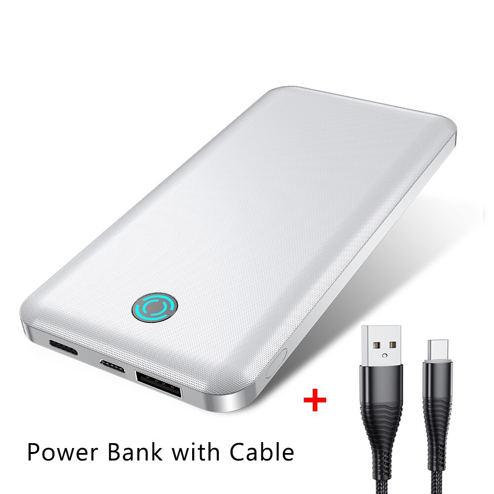 Ykz 10000mah banco de potência portátil usb tipo c mini powerbank carga rápida carregador do telefone móvel micro usb bateria externa viagem c QC 3.0 4.0 QC3.0 QC4.0 for iPhone 12 Xiaomi MI 9 8 Samsung Huawei P40 Mate: White with cable