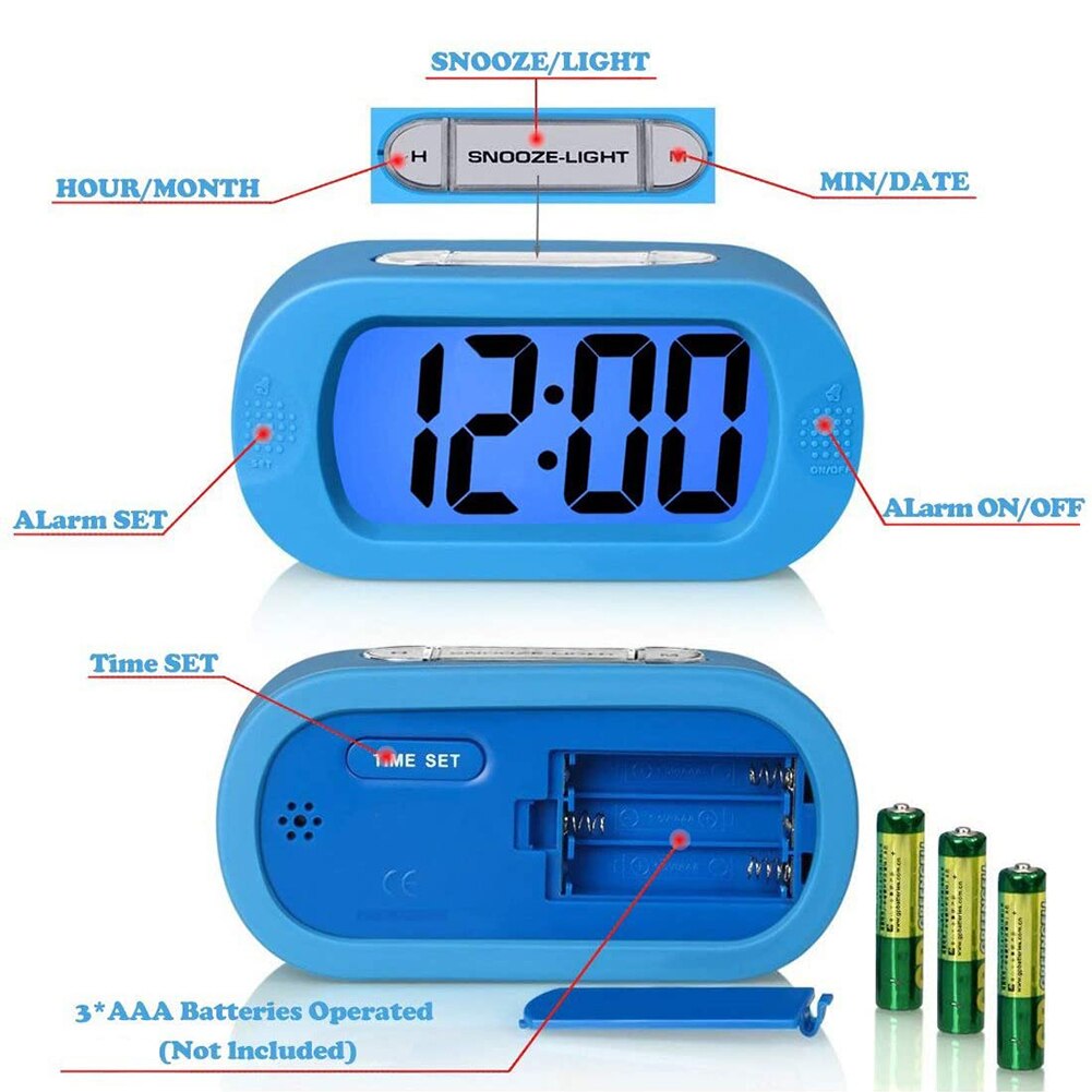 Silicone LCD Digital Alarm Clock Electric Snooze Clock Silicone Luminous Table Clock Home Decoration Alarm Clock Black Blue