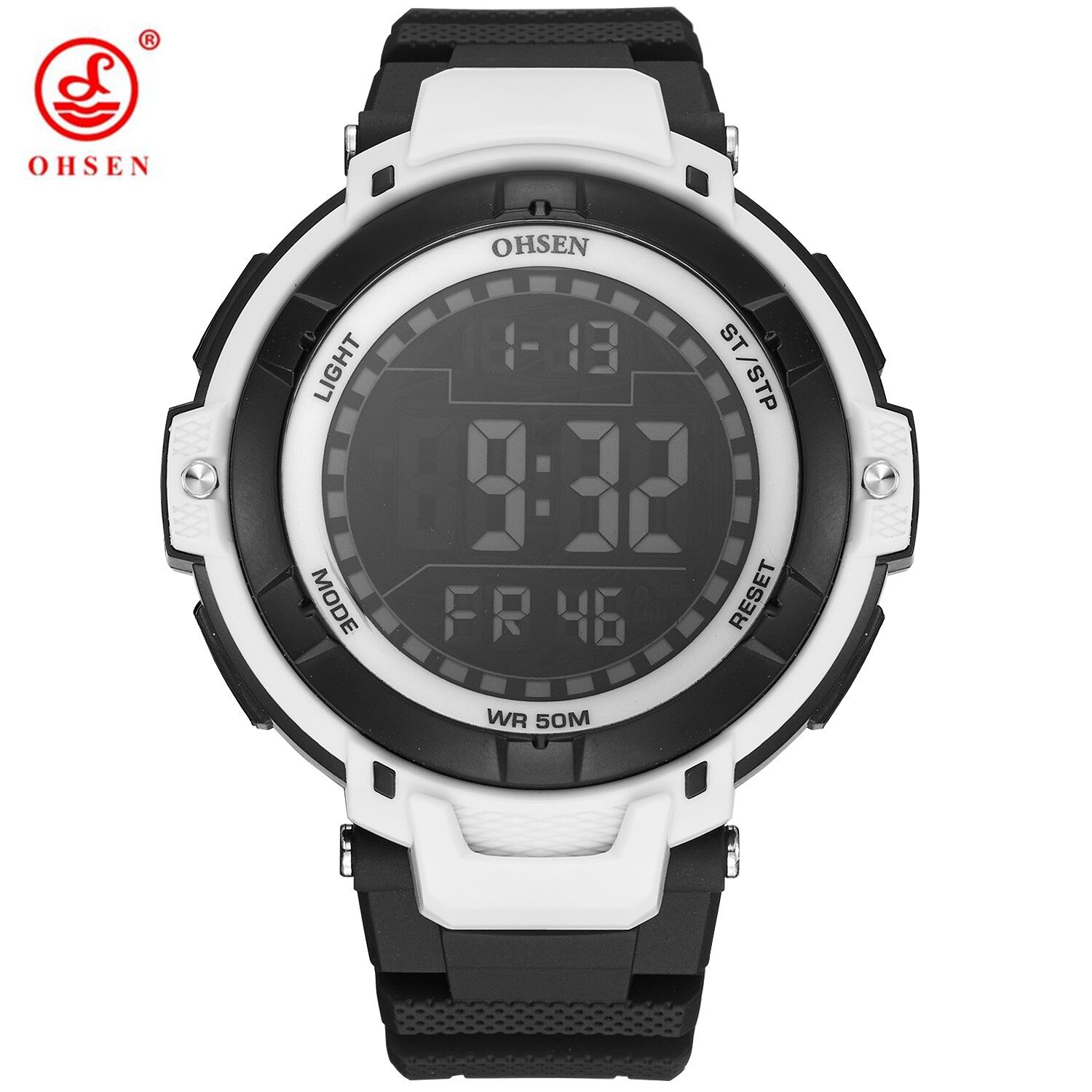 Ohsen Brand Mannen Outdoor Sport Digitale Led Horloge 50M Diver Witte Mode Mannelijke Siliconen Band Horloges Relogio Masculino