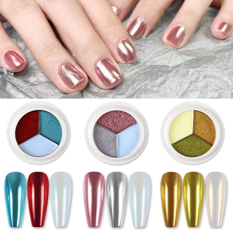 Polvo de espejo mágico de tres colores para manicura, polvo japonés Super brillante Aurora Powd