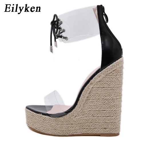 Eilyken pvc genomskinliga sandaler skor spänne rem fritidsplattform kilar dam sandaler högklackat 15cm skor: Svart / 5