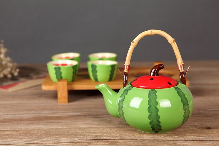 Ceramic Teapot Kettles Tea Cup Fruit Watermelon Tea Set Drinkware Set (One Kettle Four Cups) (No Tray)