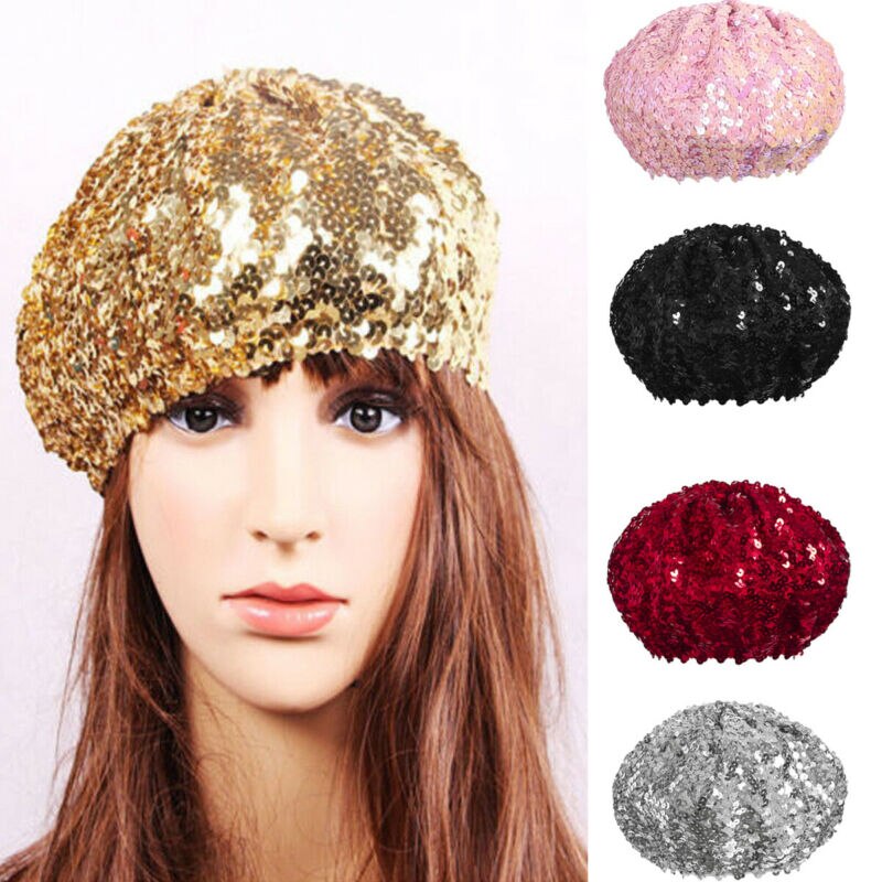 Cheap Women Sequins Beret Female Bonnet Caps Sequins diamond decoration All Matched Dance Party Walking Hat Cap