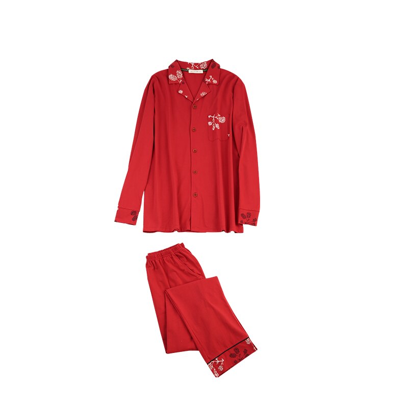 Qianxiu efterår modelparret pyjamassæt til mænd 95%  bomuld festlig rød og julefarve 18142: Mænd-røde / Xl