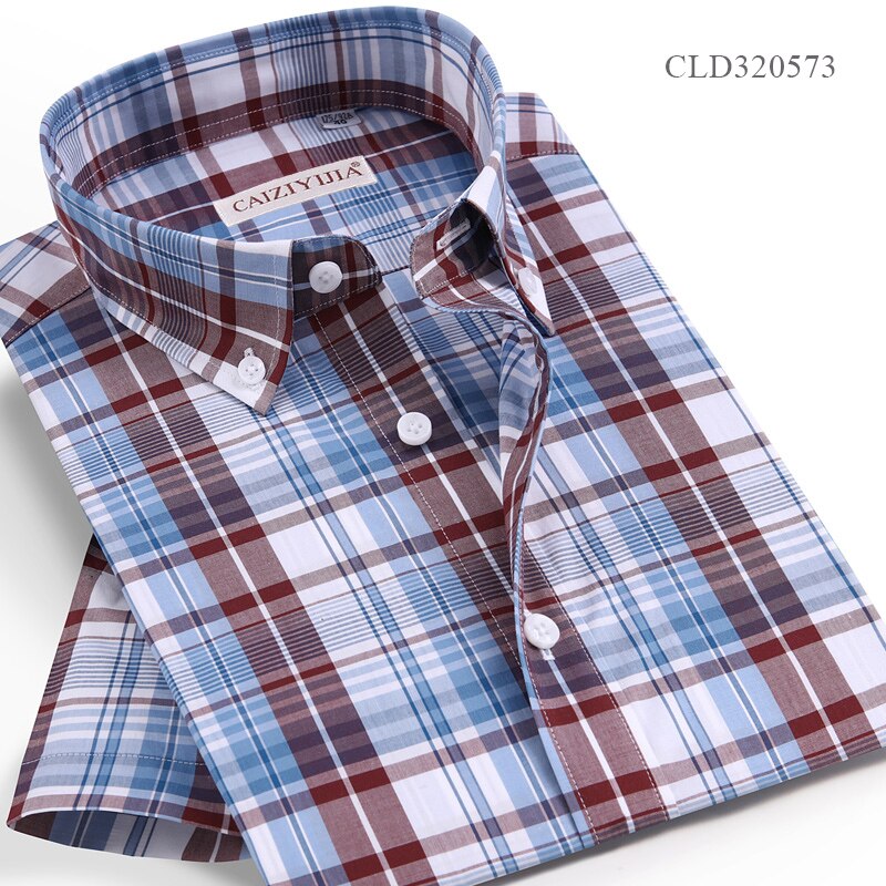 Checkered Mens Casual Shirts 100% Cotton Short Sleeve Summer Cool Plaid Shirts for Men Slim Fit Male Tops pocketless: CLD320573 / S