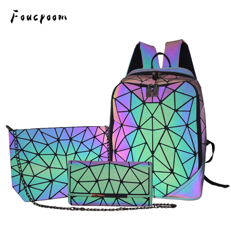 Nowy świetlny kobiety plecak 3 sztuk zestaw mężczyźni plecaki na laptopa student szkoła torby holograficzne torebka geometria Bagpack torba Mochila