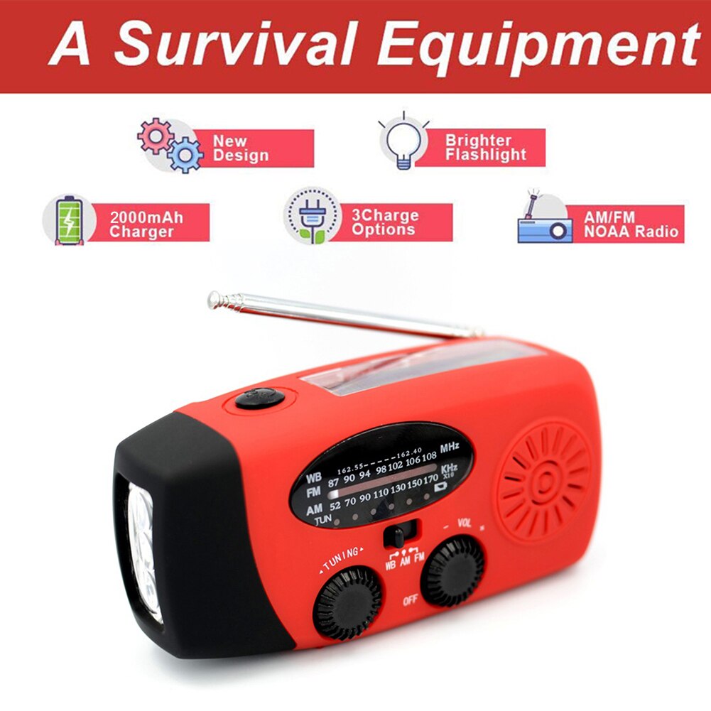 USB Charging Emergency Hand Crank Multifunctional Radio Solar 1/3 LED Flashlights FM AM WB NOAA Weather Radio 1000 mAh/2000 mAh