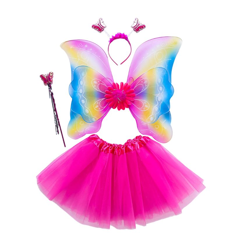 4Pcs Girls Fairy Costume Set Rainbow Butterfly Wings Three Layers Tulle Tutu Skirt Wand Headband Princess Halloween Party 3-8T