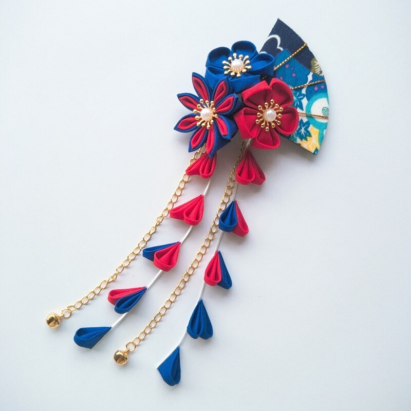 Épingle à cheveux japonaise Sakura, pince à cheveux, Tsumami zaiku pour Kimono Yukata Geisha, longues Barrettes à pompon, accessoires pour cheveux faits à la main, Cosplay: Blue Red