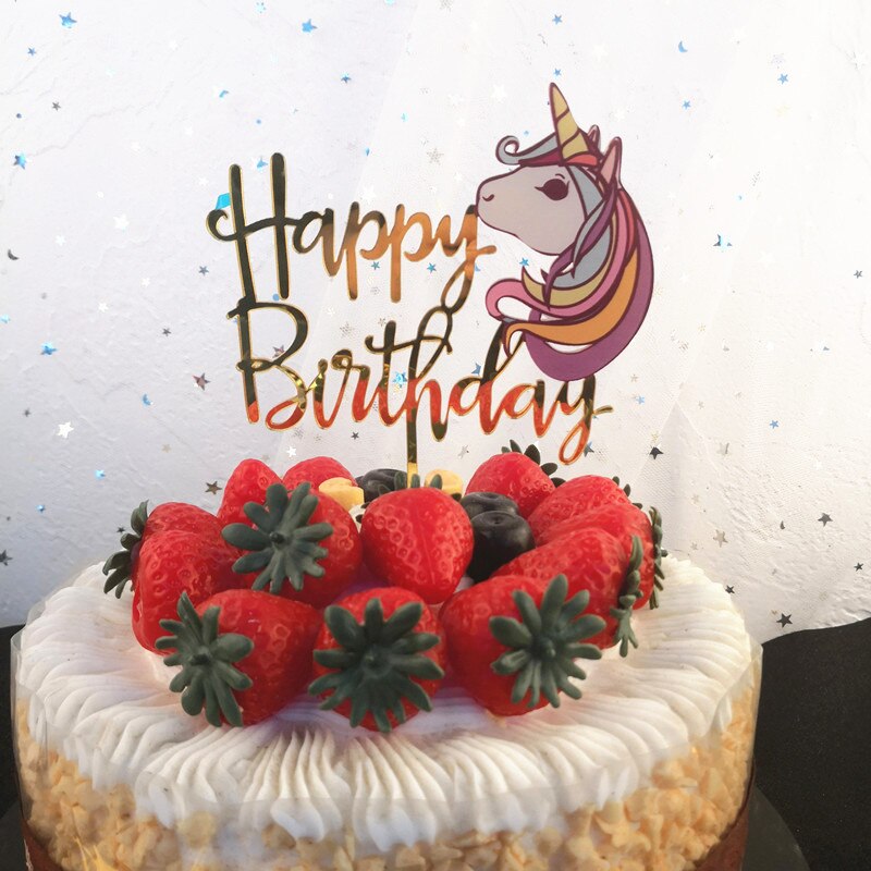 1pc tillykke med fødselsdagen kage topper farverig akryl unicorn flamingo blomster ballon til unicornio fest dekoration dessert: 4