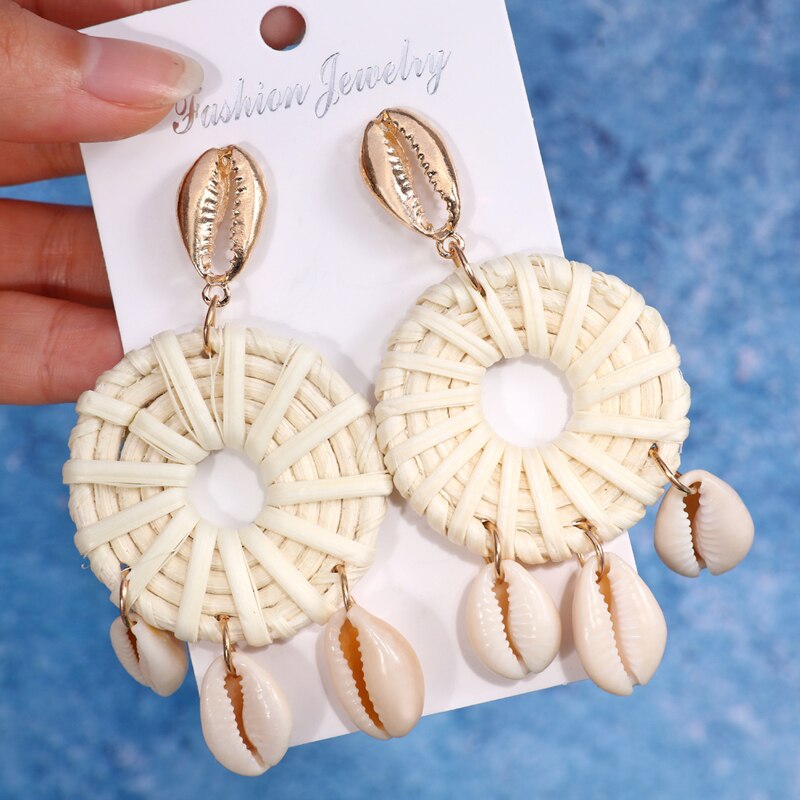 ZOSHI Handmade Earrings For Women Wooden Straw Weave Rattan Wedding Party Dangle Jewelry Shell Earrings Jewelry