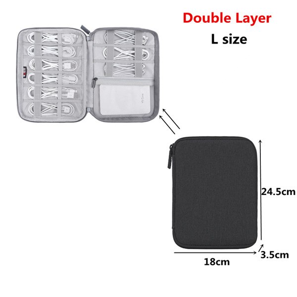 Travel Accessory Cable Bag Portable Digital USB Electronic Organizer Gadget Case Travel Cellphone Charge Mobile Charger Holder: L Black