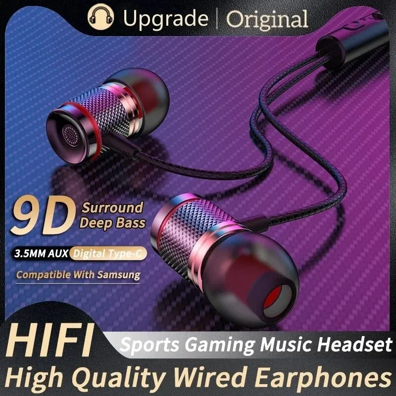 9D HIFI ciężki bas słuchawki douszne 3.5MM AUX/type-c słuchawki cyfrowe Stereo przewodowy zestaw słuchawkowy z mikrofonem słuchawki douszne dla Samsung Android