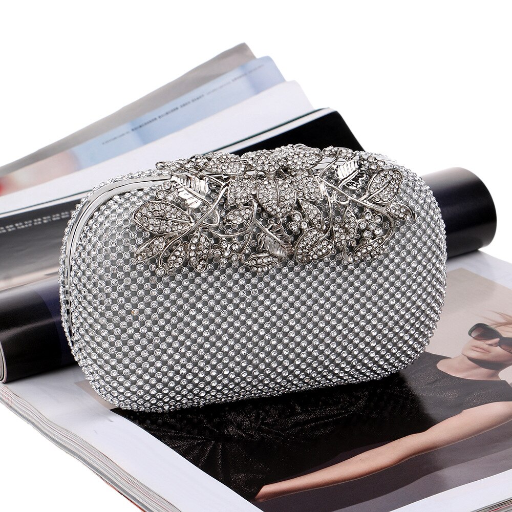 Avondtas - Schelpvorm - Kristal Diamant Parel Bloem Decoratie - Rits - 16cm Microvezel: Zilver