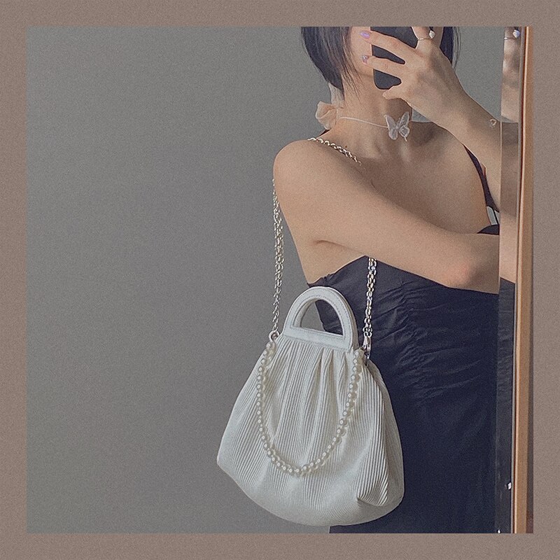 Female Chain Tote bag Pearl shoulder strap Women's Handbag Pleated Shoulder Messenger Bag Armpit bag