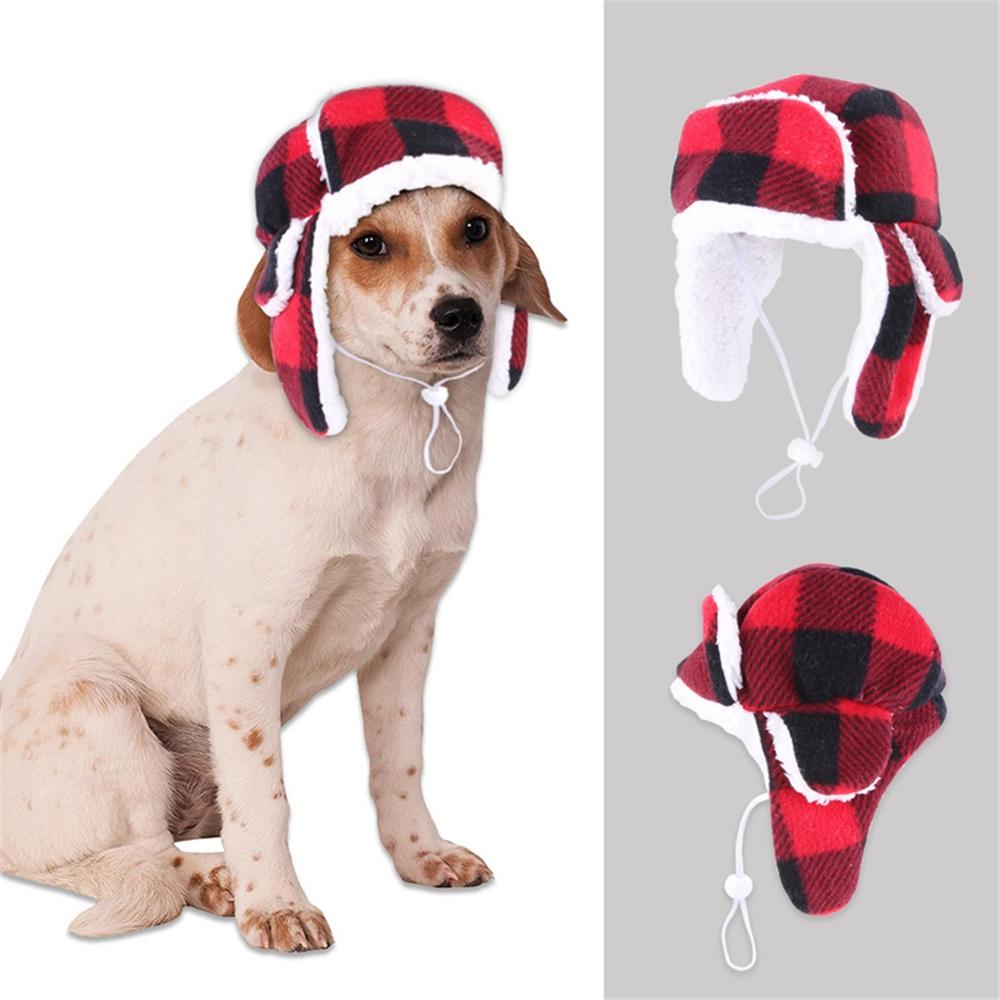 Plaid Pet Hoed Herfst En Winter Warm Puppy Pluche Baret Cap Grote Hond Outdoor Wandelen Winddicht Hoeden Franse Bulldog Pet hoofddeksels