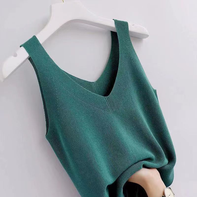 Plus Gebreide Tank Top V-Hals Ijs Zijde Mouwloze 2024 Zomer Kleding Vesten Voor Vrouwen Koreaanse Mode Losse Elegante Casual Cami Top: green