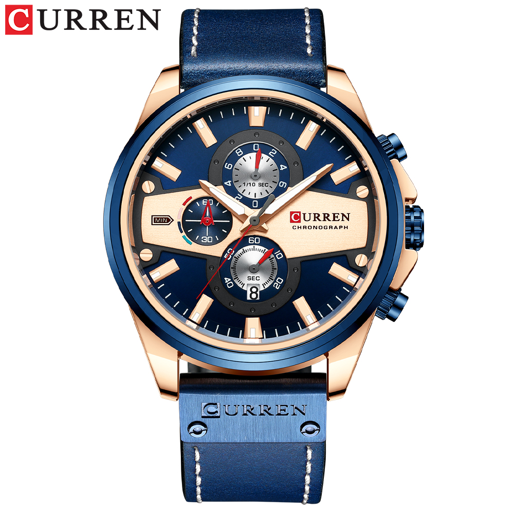 Curren Casual Horloges Voor Mannen Creatieve Chronograaf Horloge Lederen Quartz Klok Man: blue