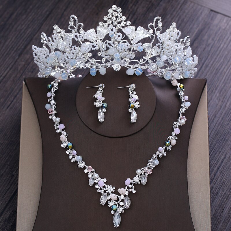 Baroque luxe argent plaqué cristal fleurs ensembles de bijoux de mariée strass couronne collier boucles d'oreilles ensemble accessoires de cheveux de mariage