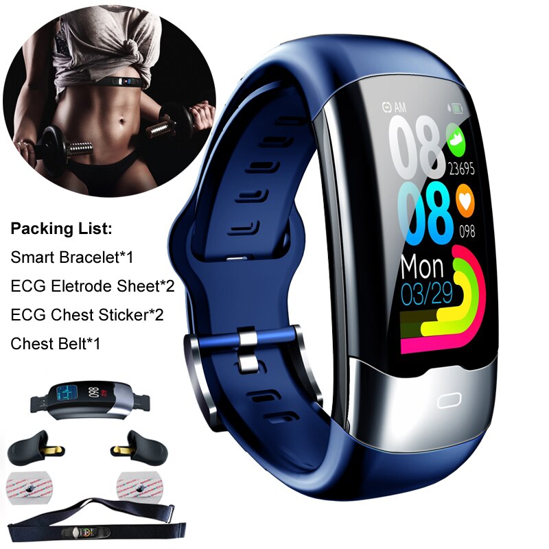 AVATTO ECG PPG HRV Smart Bracelet IP68 Waterproof Blood Pressure Oxygen Heart Rate Monitor Sport Tracker Men Women Wrist Band: Blue Chest Belt