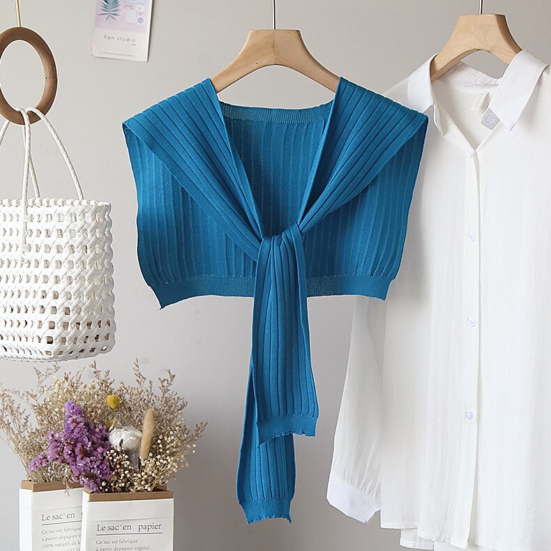 Monmoira solid höst stickad sjal kvinnor franska chic casual strappy stickade plagg damer cws 0342-5: Blå