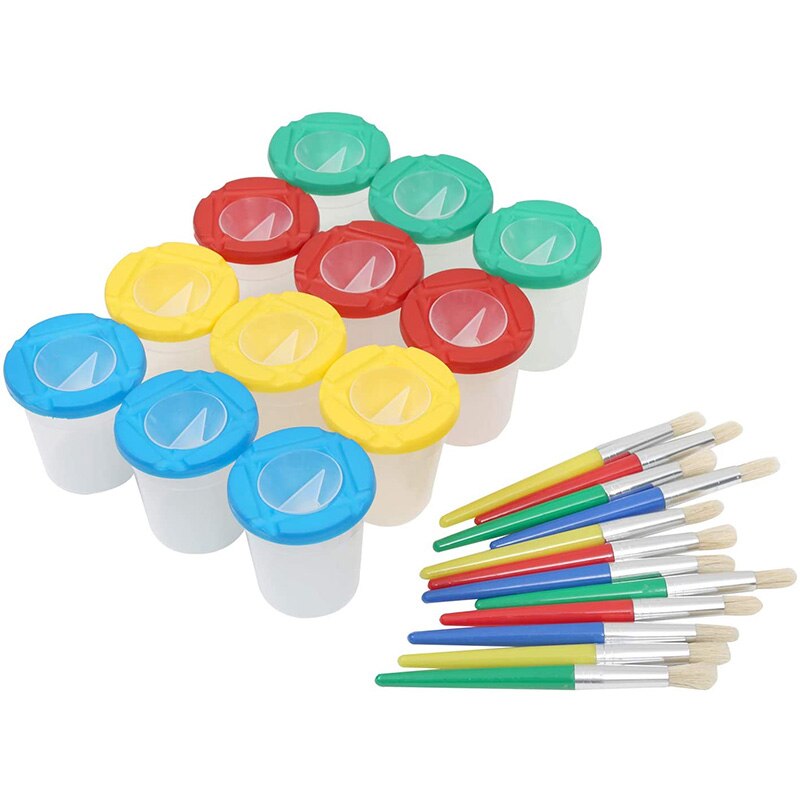 Lot de 12 pots de peinture anti-déversement pour enfants de 3.3 pouces de hauteur avec couvercles colorés et ensemble de 12 pinceaux ronds: Default Title