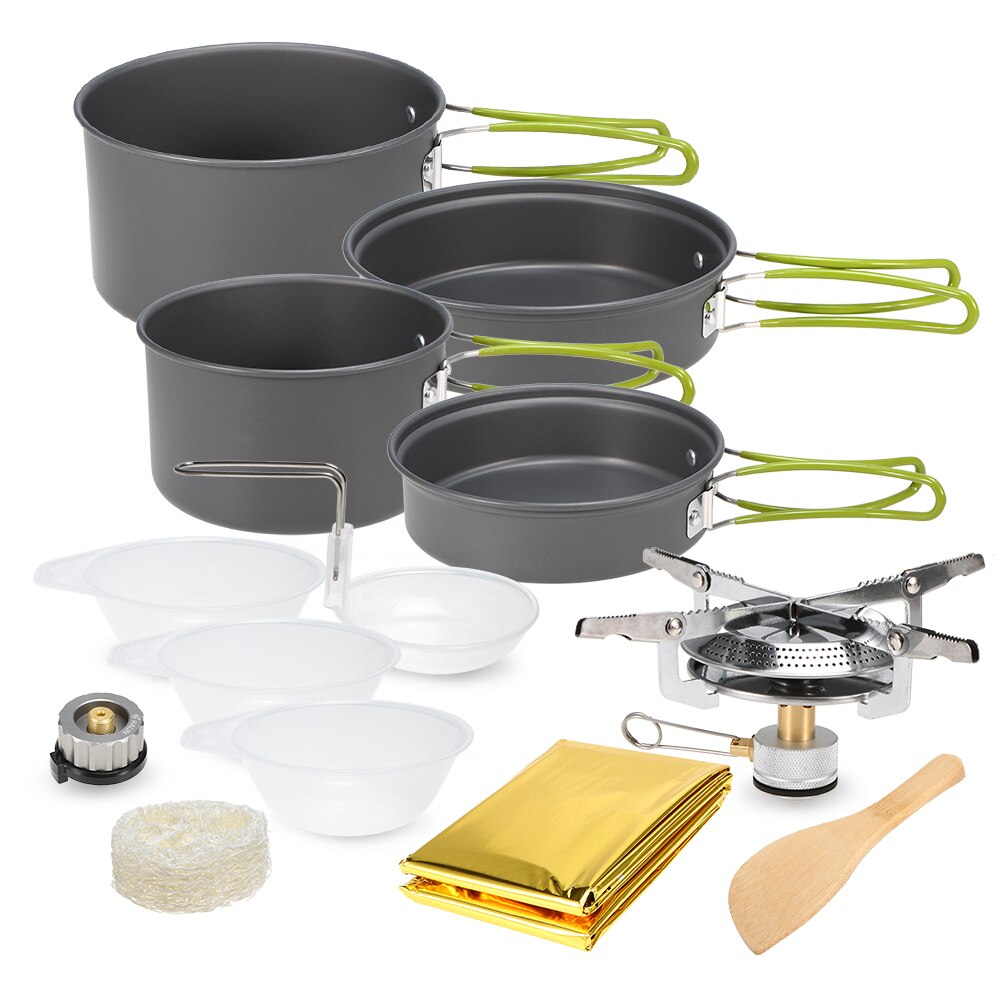 Lightweight Aluminum Outdoor Stove Pot Pan Plastic Bowel Outdoor Cookware Set for Backpacking Camping Picnic 2-3 People