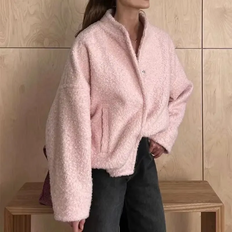 Tuularose höstpälsjacka dam rosa lös långärmad förtjockad kappa avslappnad standkrage knapp varm jacka dam: S