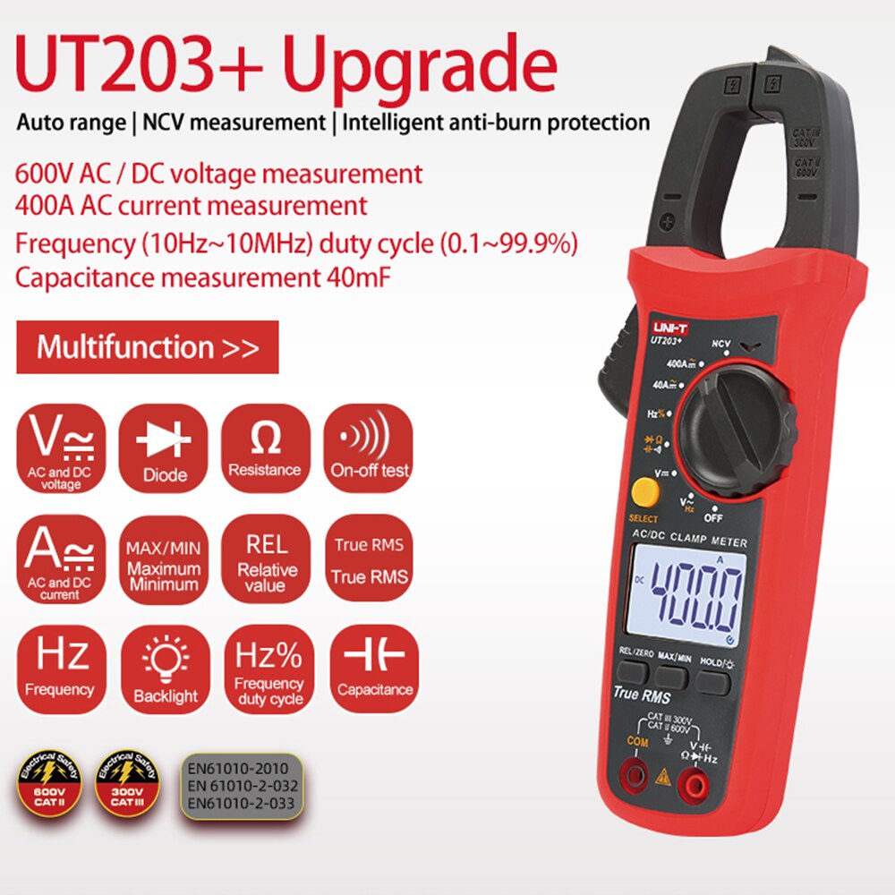 UNI-T Digital Clamp Meter UT201+ UT202+ UT203+ AC DC Current Amperimetro Tester Clamp Multimeter Resistance Frequency