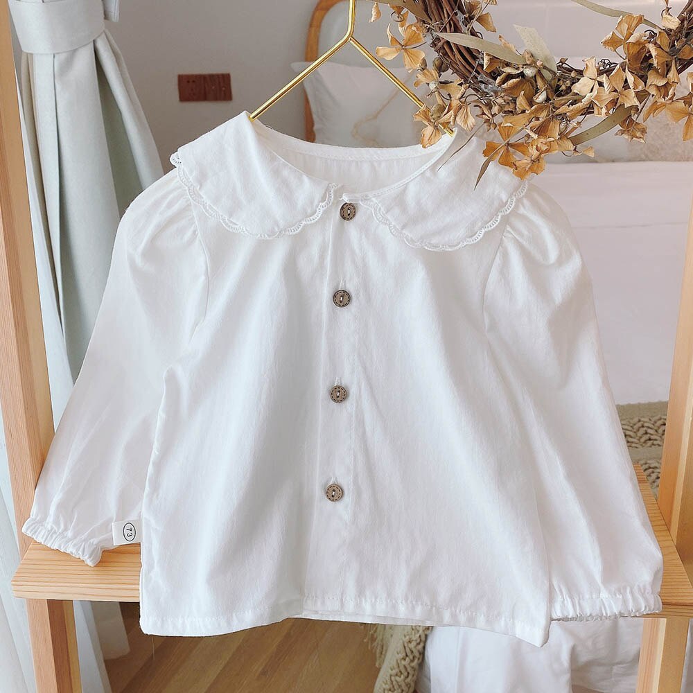 Cotton Baby Girls Tops And Blouses Solid Color Peter Pan Collar Baby Girl Fall Clothes Kids Long Sleeve Tops Tees Shirts: White / 4T