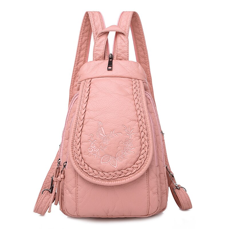 Vrouwen Rugzak Mode Schooltassen Voor Tienermeisjes Wit Lederen Rugzak Borduurwerk Bloemen Rugzak Schoudertassen: Pink-2
