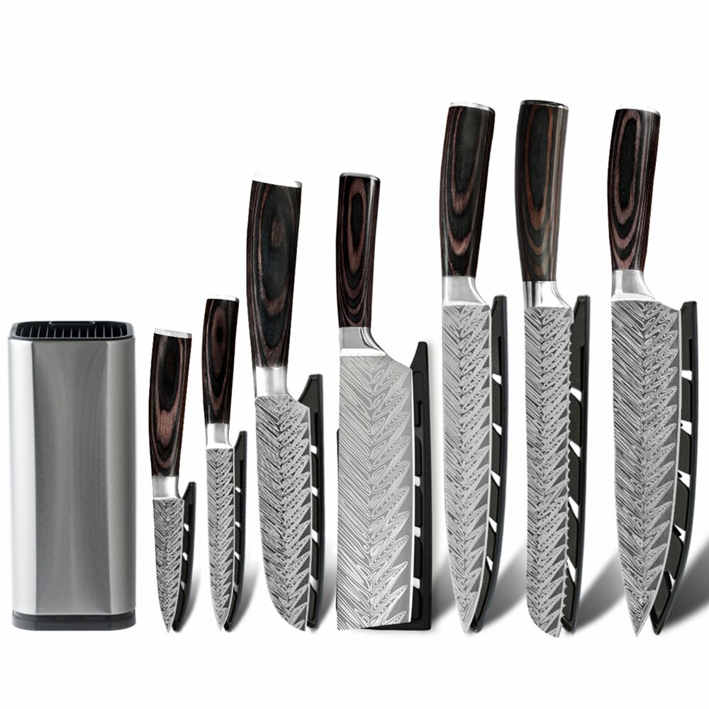 XYj Kitchen Stainless Steel Pro Chef Knives Set Wall Knife Storage Holder Butcher Cleaver Knife Damascus Veins Blade Knifes