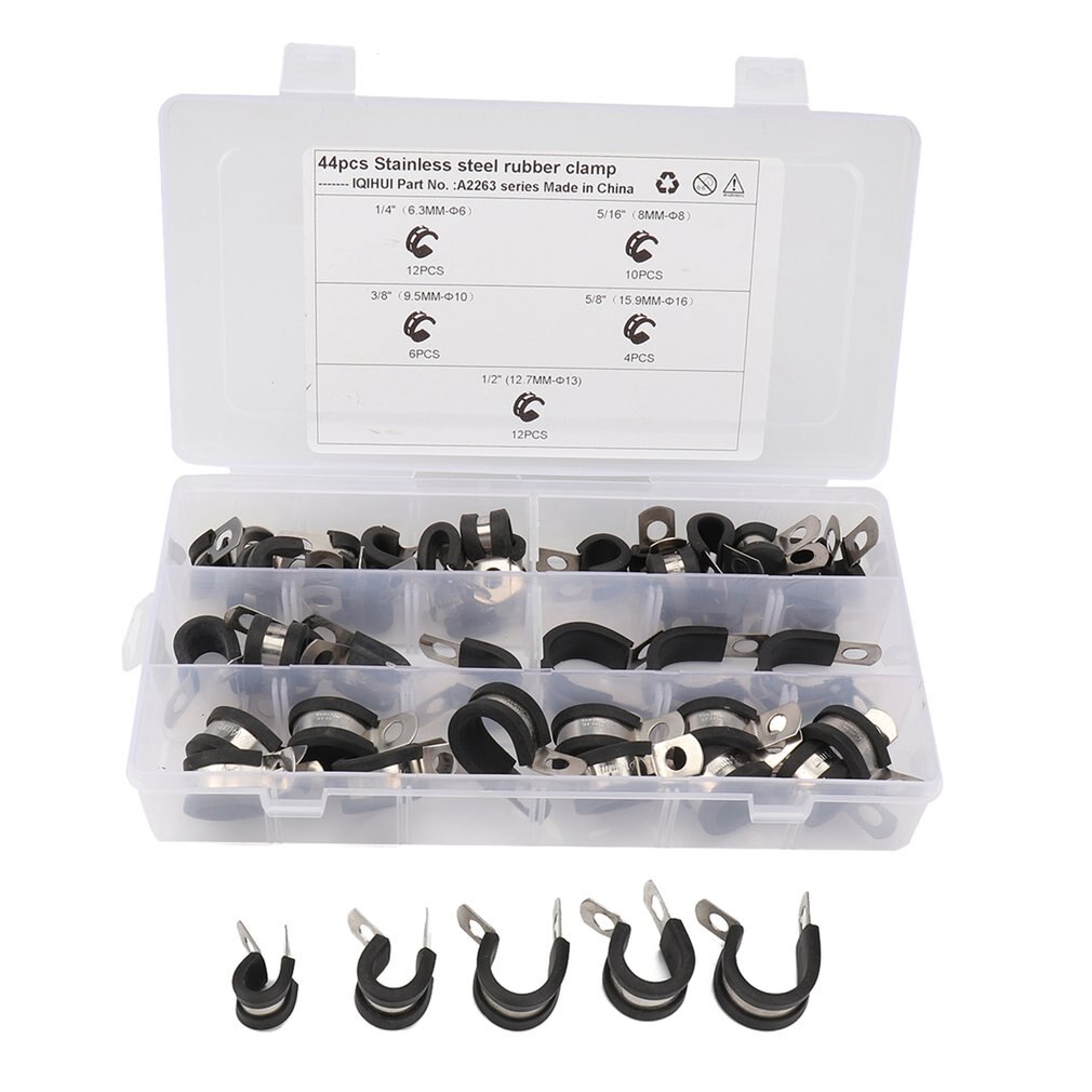 Cable Clamps Assortment Kit 44 Pcs Stainless Steel Rubber Cushion Pipe Clamps 5 Size 1/4'' 5/16'' 3/8'' 1/2'' 5/8''