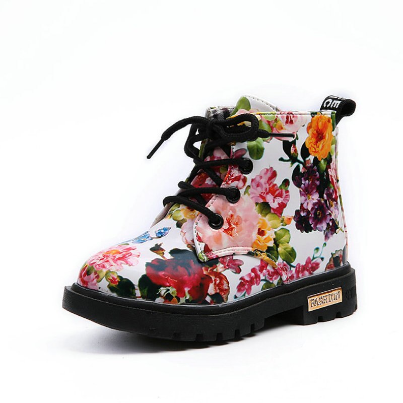 Kids Laarzen Leer Herfst Mode Bloemen Bloemenprint Kinderen Baby Martin Laarzen Leuke Casual Meisjes Laarzen Schoenen: WHITE / 8