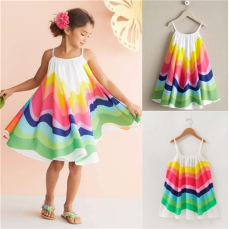 Toddler Colorful Rainbow Dress Girls Kid Baby Girl Summer Sleeveless Dress Party Children Beach Dress Girl Sundress