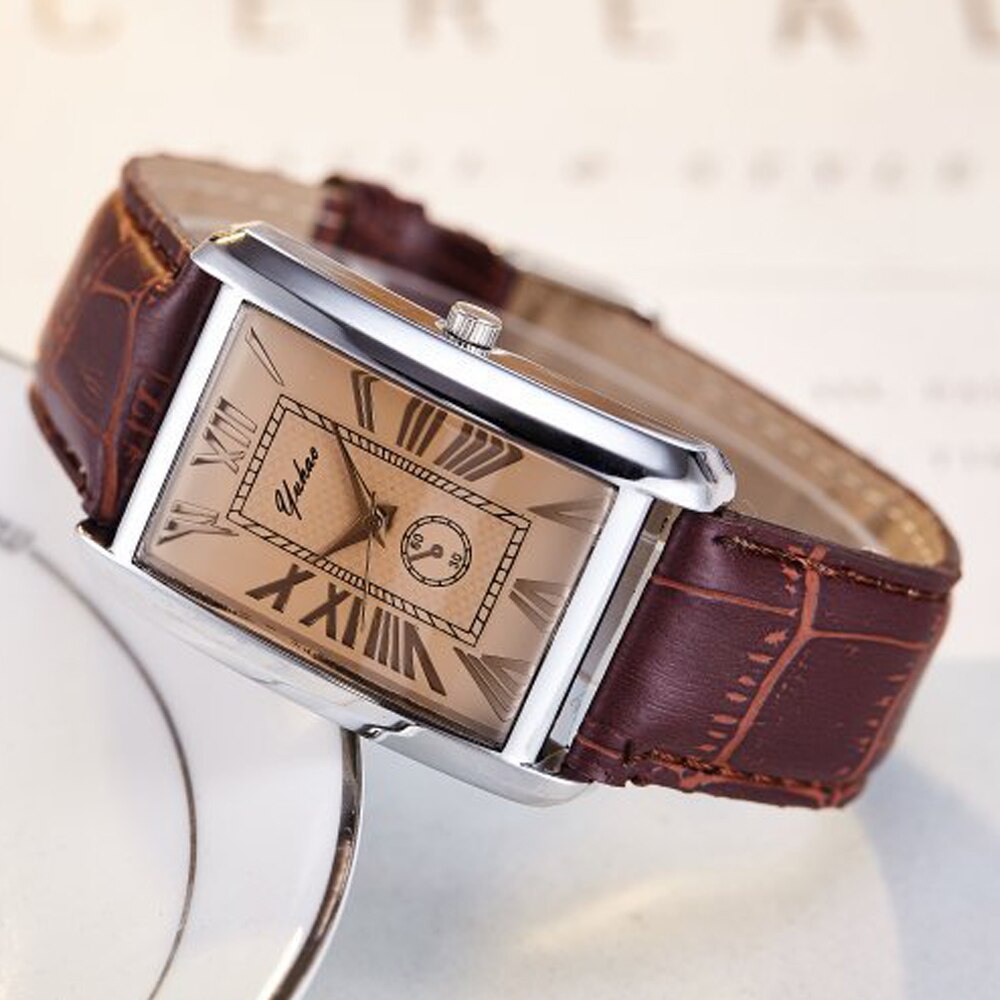 Mode Vierkante Paar Horloge Romeinse Cijfers Eenvoudige Stijl Paar Horloge Mannen En Vrouwen Casual Lederen Band Quartz Horloge Paar: Men-Brown