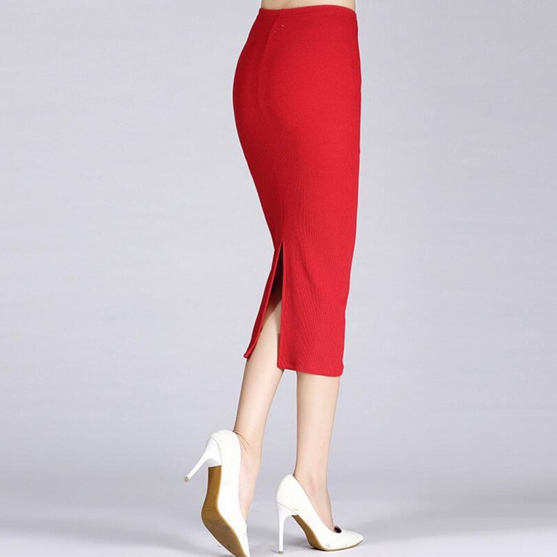 Danjeaner Vrouwen Formele Werk Hoge Wasit Gebreide Katoen Potlood Rokken Elastische Solid Slim Lange Rokken Split Pakket Hip Maxi Sketches