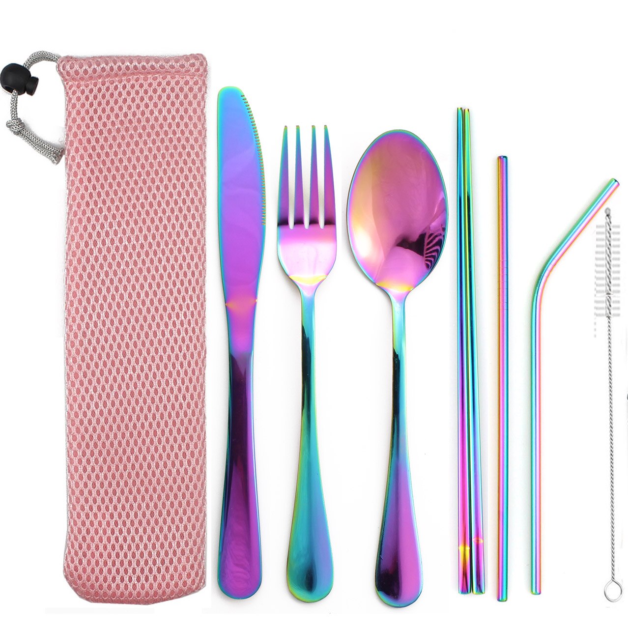 Couverts arc-en-ciel colorés 8 pièces/ensemble | Service de vaisselle Portable, vaisselle réutilisable avec paille en métal, cuillère fourchette, étui à baguettes