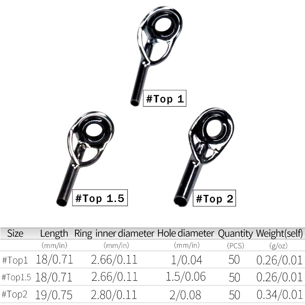 50 Pcs Fishing Rod Guide Guides Tip Tops Replacement Repair Kit 1mm 1.5mm 2mm Stainless Steel &amp; Ceramic Eye Ring Tip Tops Rod