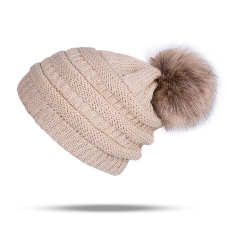 Pompons bal muts dames mutsen gebreide winter muts katoenen winter mutsen dames warme muts mutsen skullies gorras: Beige