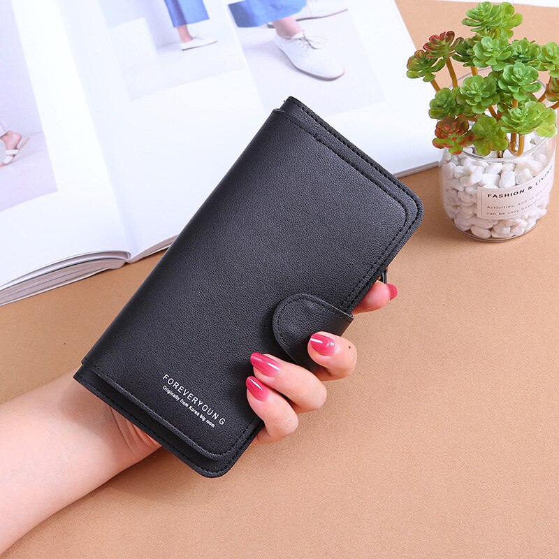 Portefeuille à loquet pour femmes, porte-cartes de grande capacité, Long porte-cartes en Pu, pince à billets Standard 6 couleurs avec poche intérieure à fermeture éclair: Black