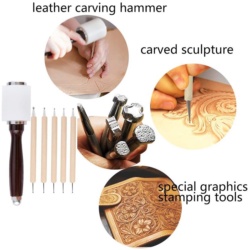 Gereedschap voor het stempelen van leer, set voor het snijden van leer, set voor het snijden van leer met een hamer, stempel en stift voor het maken van leer.
