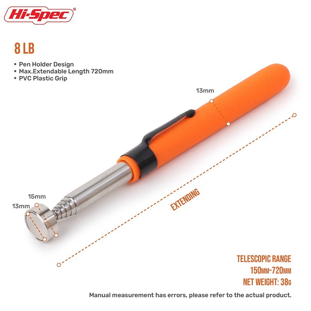 Hi-Spec 8LB Flexible Heavy Duty Telescopic Magnet Pick-up Tool Strong Magnet Magnetic Pen 510mm Extendable Hand Tool PT001: 8lb orange