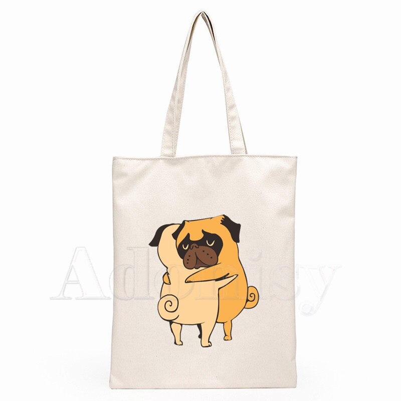 Pug Dog Ladies Handbags Cloth Canvas Tote Bag Shopping Travel Women Eco Reusable Shoulder Shopper Bags Bolsas De Tela: A