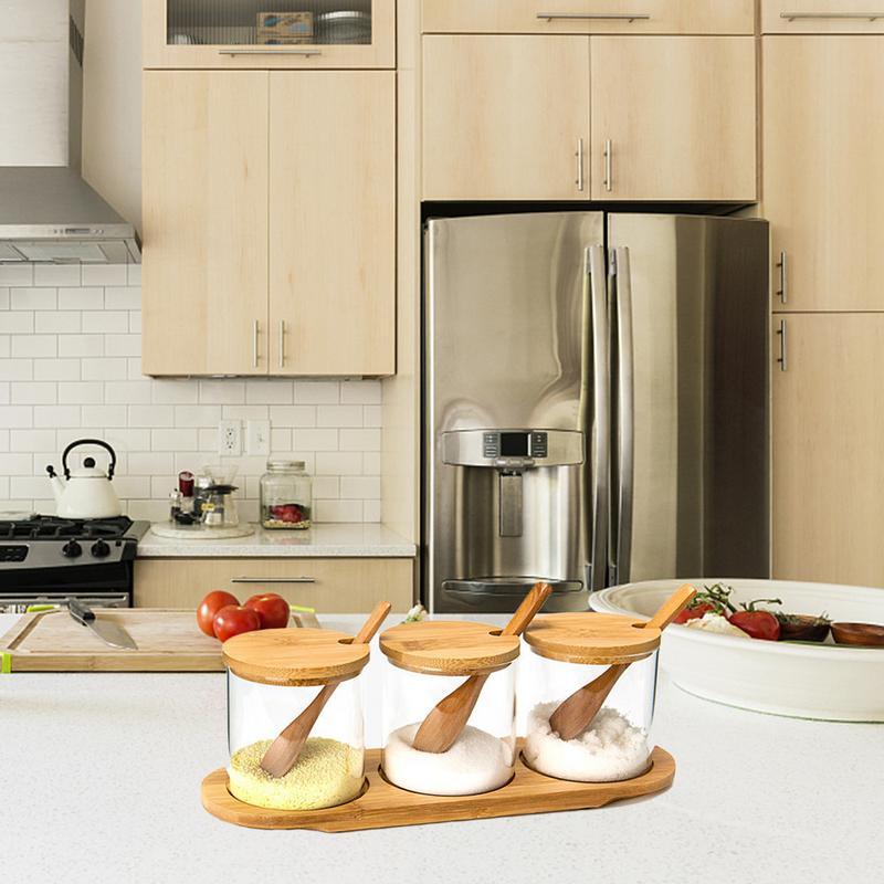 1 Sets Seasoning Box Kitchen Spice Rack Spice Pots Storage Container Salt Pepper Cumin Powder Condiment Jars Wooden Spoon Cover