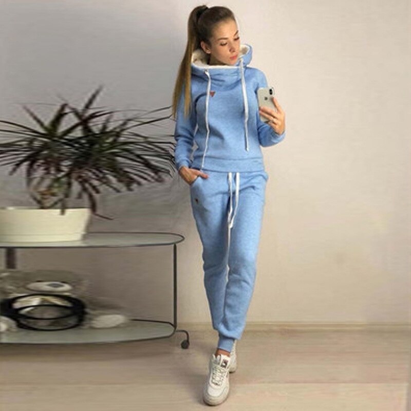 Hoodies solid Suit Set Women Tracksuit Two-piece Style Outfit Sweatshirt Sport Wear: Blue / L