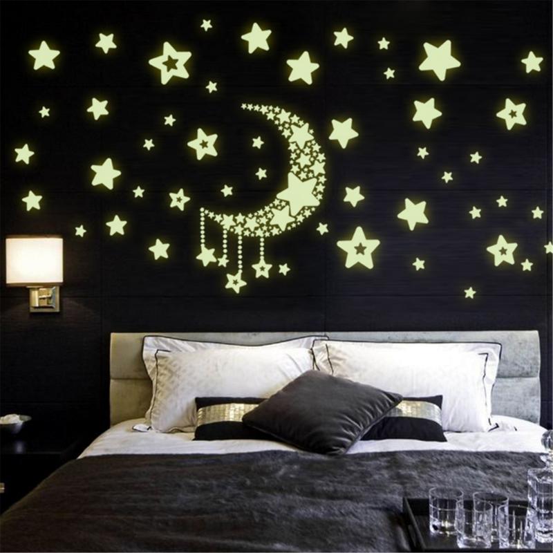 Månestjerne fluorescerende natlig glød i mørk lysende vinyl aftagelig børnehave børn soveværelse væg klistermærker