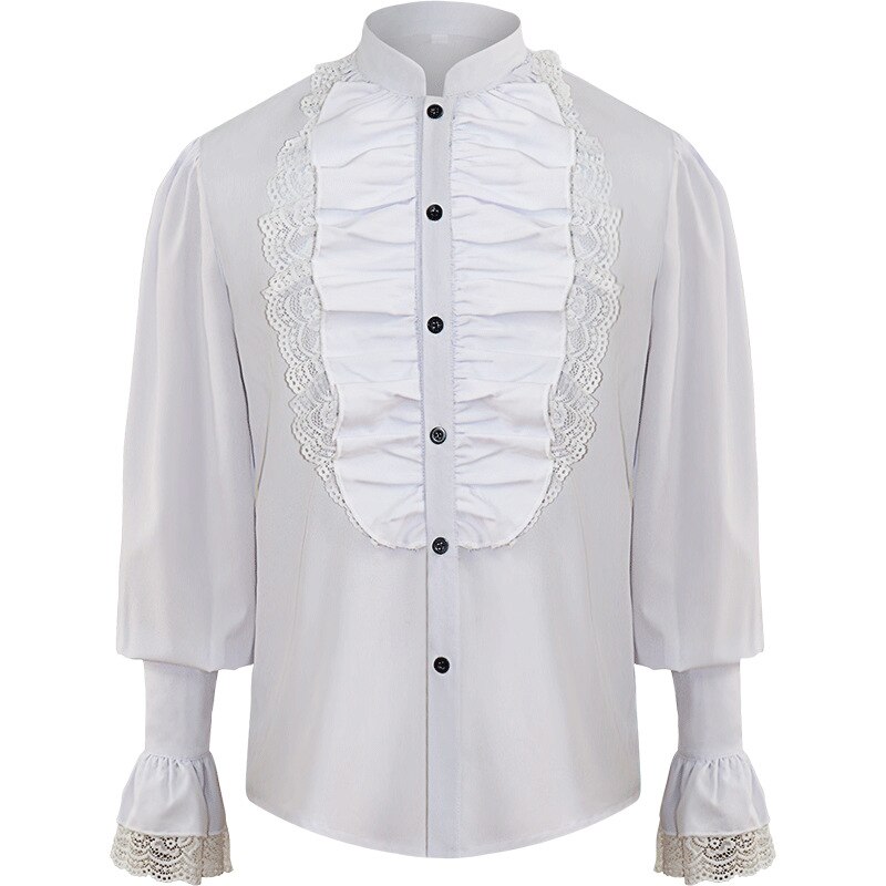 Mænd pirat skjorte vampyr renæssance viktoriansk steampunk gotisk flæsede middelalderlige halloween cosplay kostume tøj chemise toppe: Hvid / Xxl