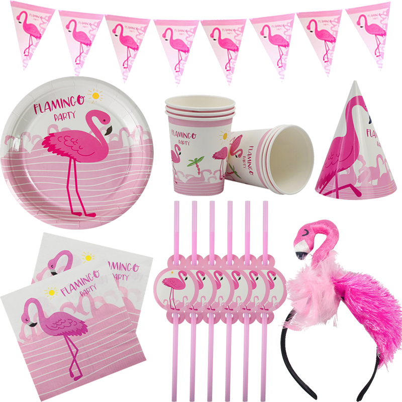 Decoración de de flamenco rosa, flamenco hawaiano, de cumpleaños para niñas, vajilla desechable, plato de papel, taza, diadema de flamenco de paja