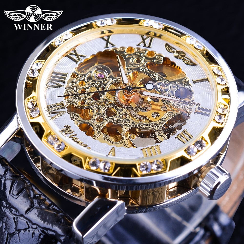 Winnaar Mechanische Horloges Diamant Retro Bloem Wit Goud Display heren Skeleton Horloges Topmerk Luxe Klok